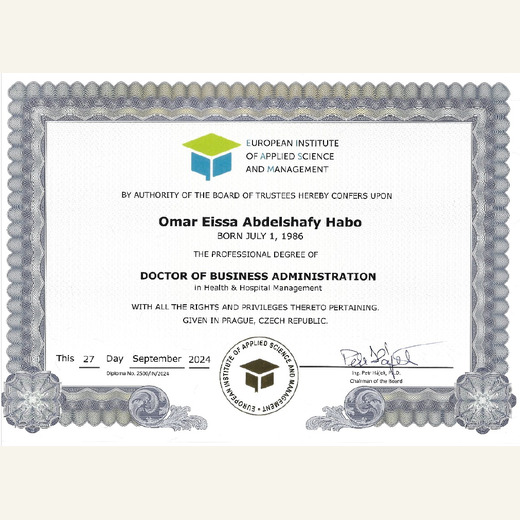 European Institute of Applied Science and Management — Doctor of Business Administration in Health & Hospital Management, 27 September 2024