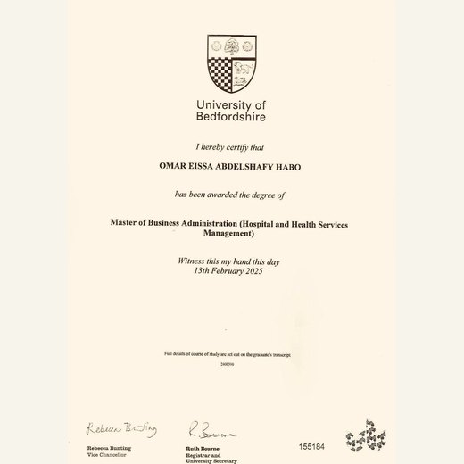 University of Bedfordshire — MBA (Hospital and Health Services Management), 13 February 2025